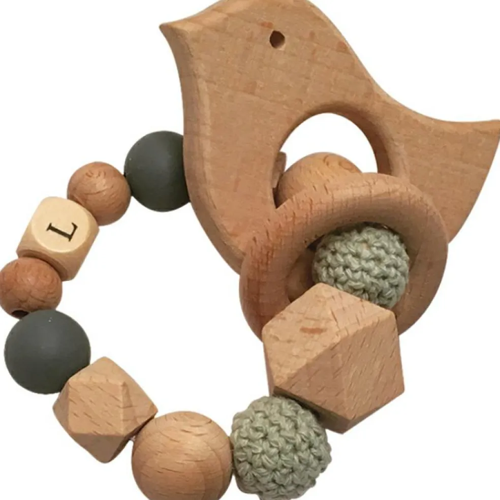 Anneau de dentition en bois Oiseau mint et ardoise (personnalisable)