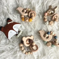 Anneau de dentition en bois Oiseau mint et ardoise (personnalisable)