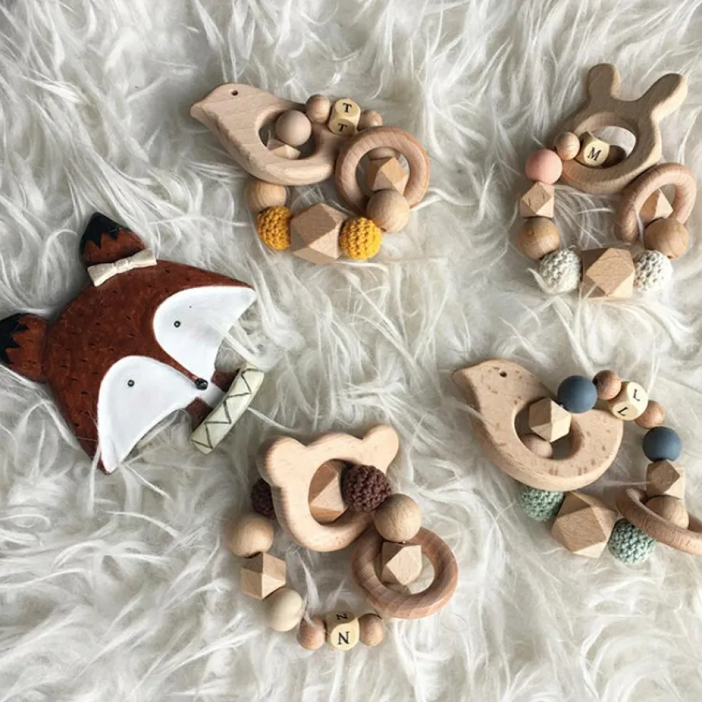 Anneau de dentition en bois Oiseau mint et ardoise (personnalisable)