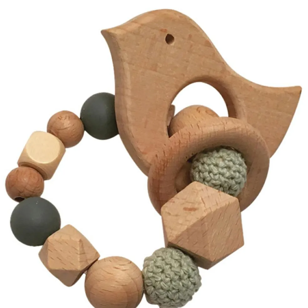 Anneau de dentition en bois Oiseau mint et ardoise