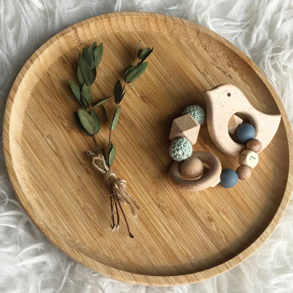 Anneau de dentition en bois Oiseau mint et ardoise