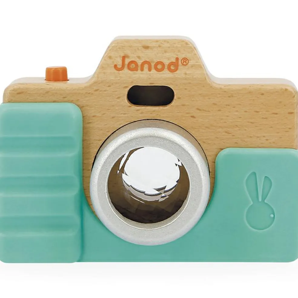 Appareil photo factice sonore et lumineux en bois