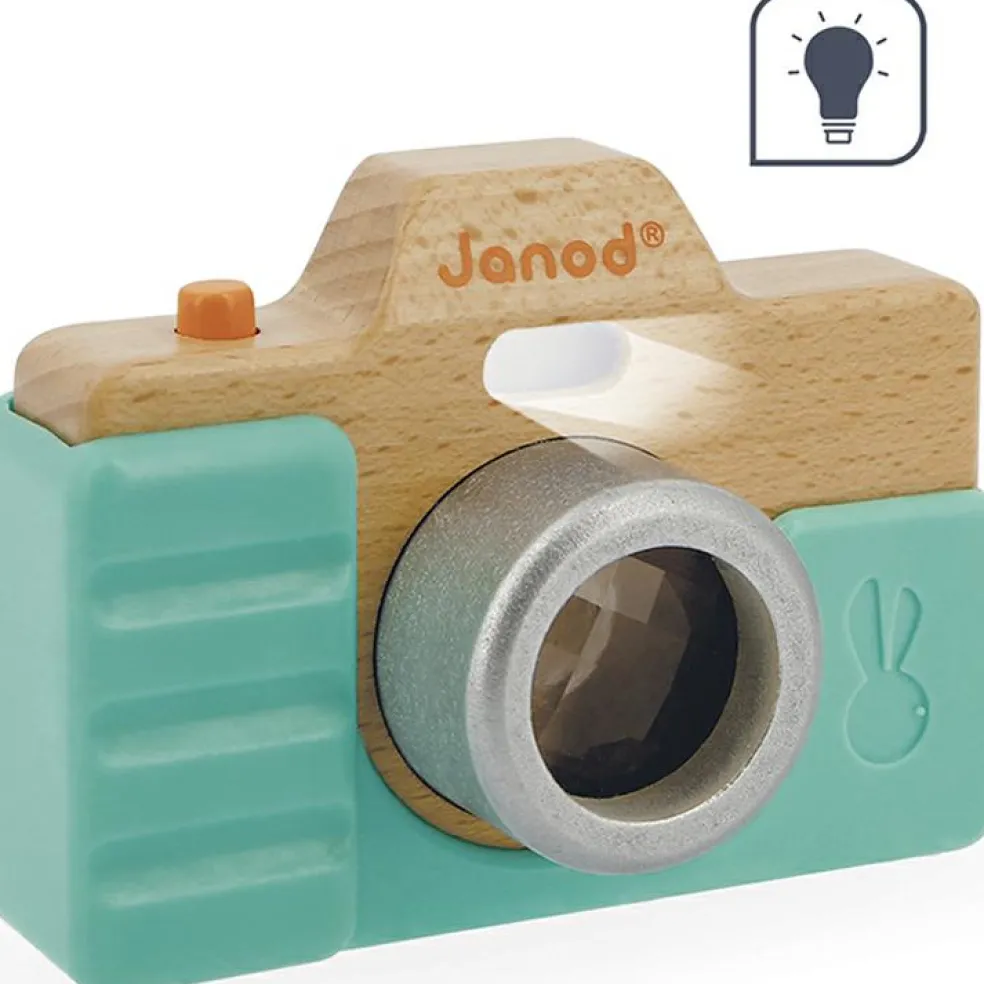 Appareil photo factice sonore et lumineux en bois