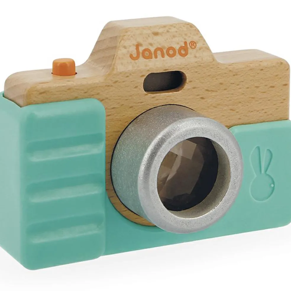 Appareil photo factice sonore et lumineux en bois