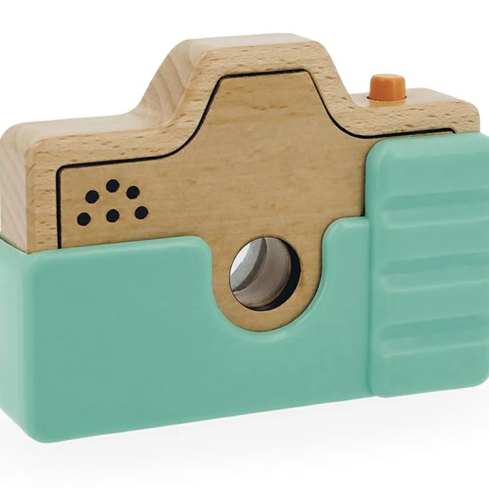 Appareil photo factice sonore et lumineux en bois