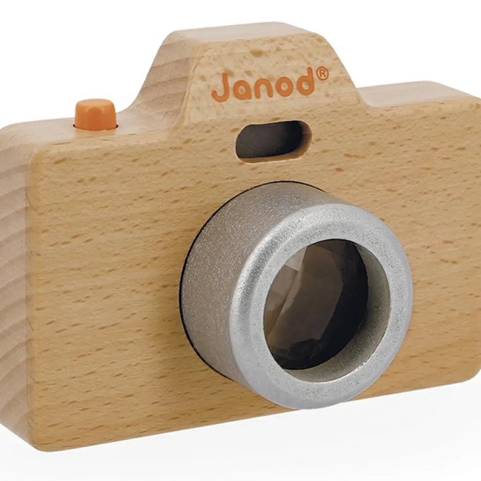Appareil photo factice sonore et lumineux en bois