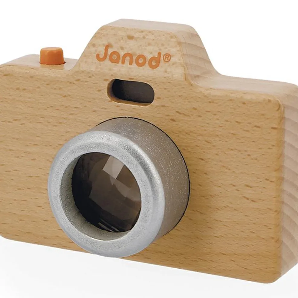 Appareil photo factice sonore et lumineux en bois