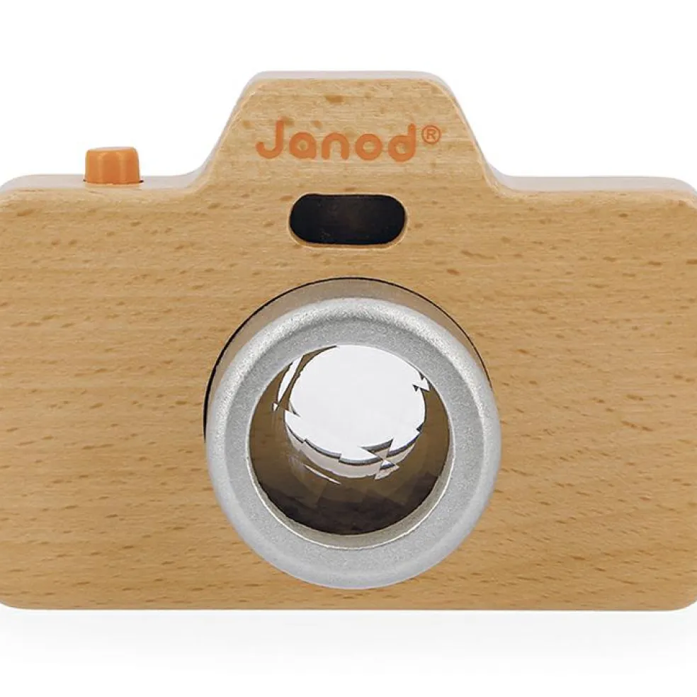 Appareil photo factice sonore et lumineux en bois