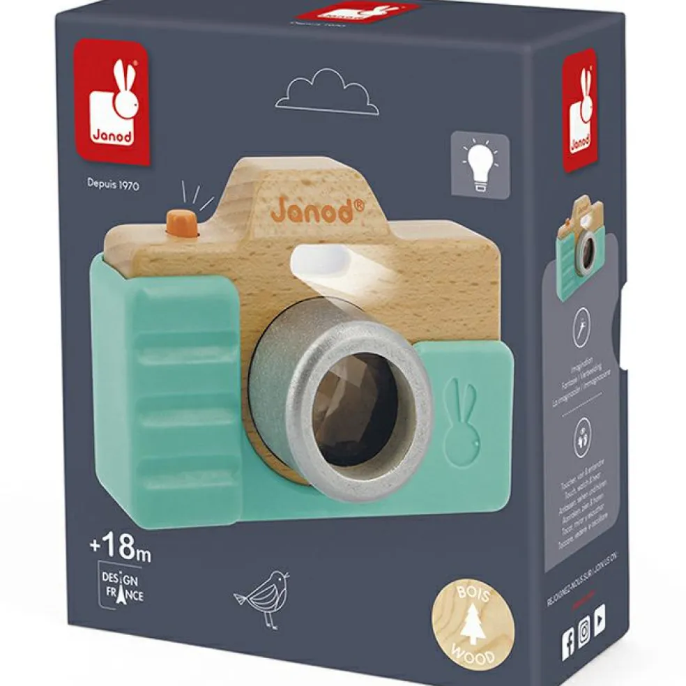 Appareil photo factice sonore et lumineux en bois