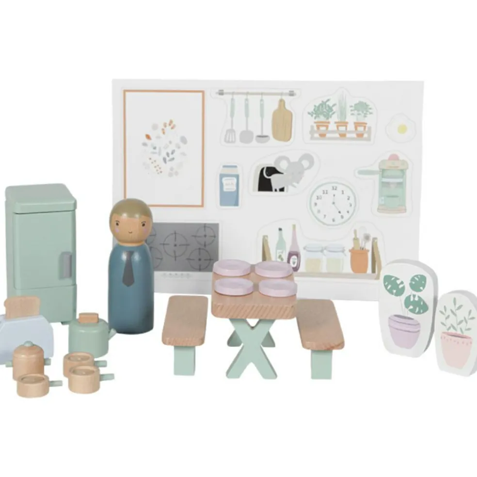 Cuisine et accessoires en bois pour maison de poupées