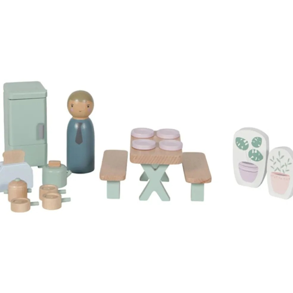 Cuisine et accessoires en bois pour maison de poupées
