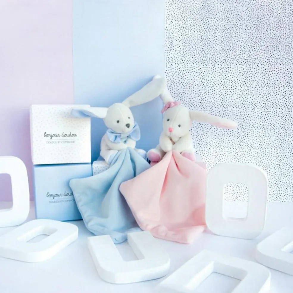 Doudou plat lapin rose J'aime mon doudou