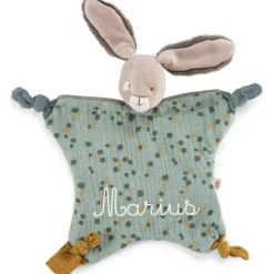 Doudou plat lapin sauge Trois petits lapins (personnalisable)