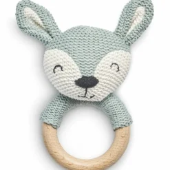 Hochet anneau de dentition biche en tricot vert cendre