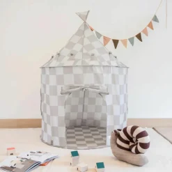 Tente de jeu en tissu recyclé Damier beige